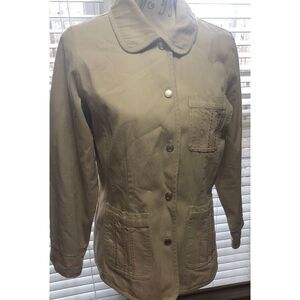 New Denim & Co Womens Snap Button Denim Jacket Cotton Khaki Tan Embroidery Small